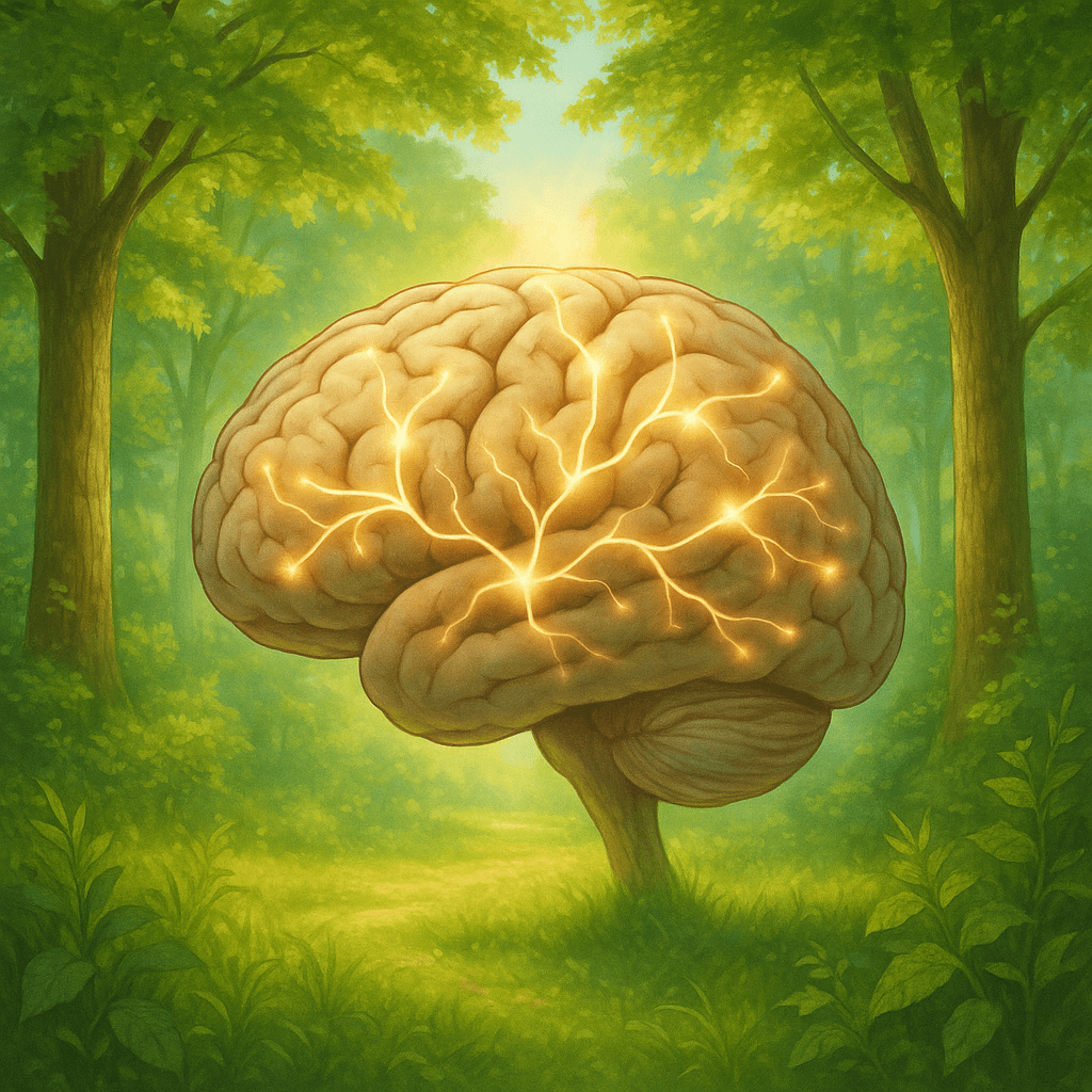 Symbolbild für Brainwalking: Leuchtendes Gehirn mit Synapsen im Wald, aktiviert durch Bewegung und Natur